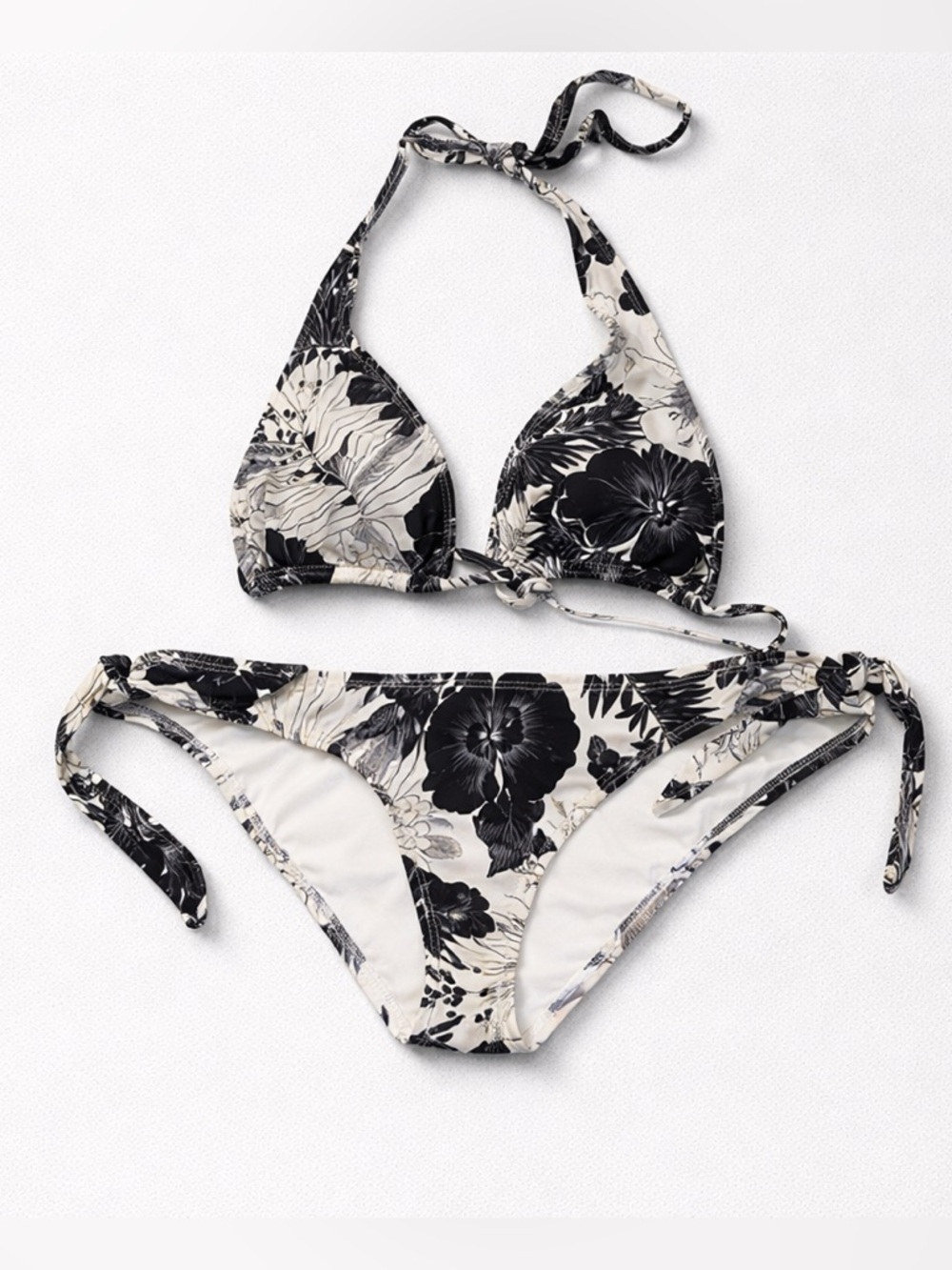 Floral Print Black and White Halter Bikini Two Piece Size M Tie Bottoms
